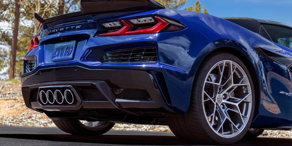 Low Angle Side View of a Blue Chevy Corvette ZR1 on the Road